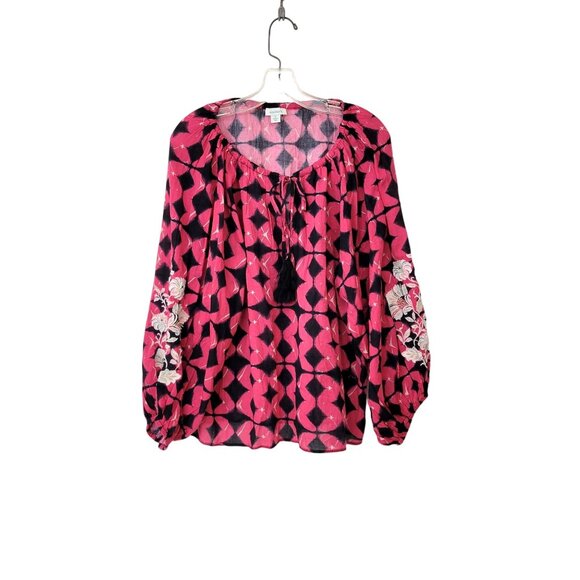 Sundance Tops - Sundance Pink and Black Peasant Blouse with Embroidery